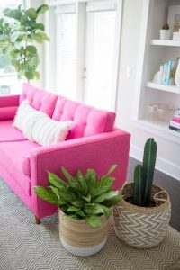 Decoración de salas modernas con sofás rosas